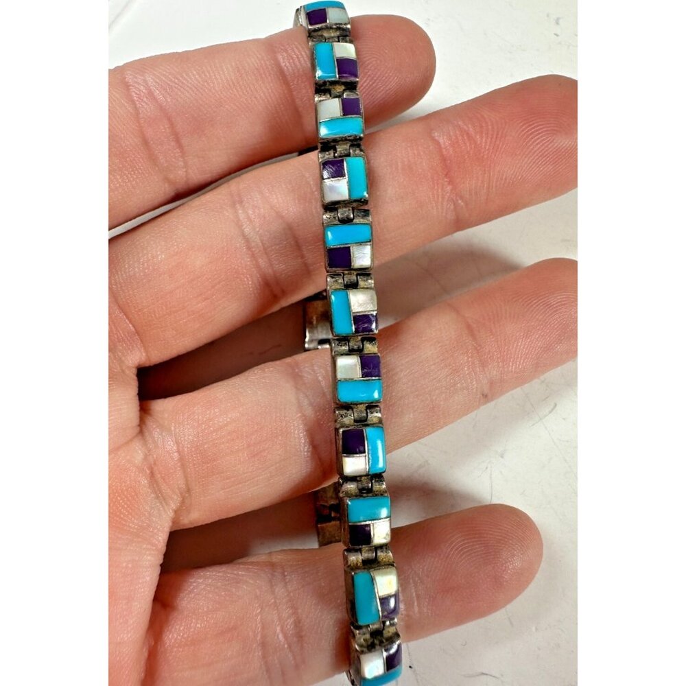 Native American Signed Bracelet Sterling Silver Turquoise Pearl Amethyst DM